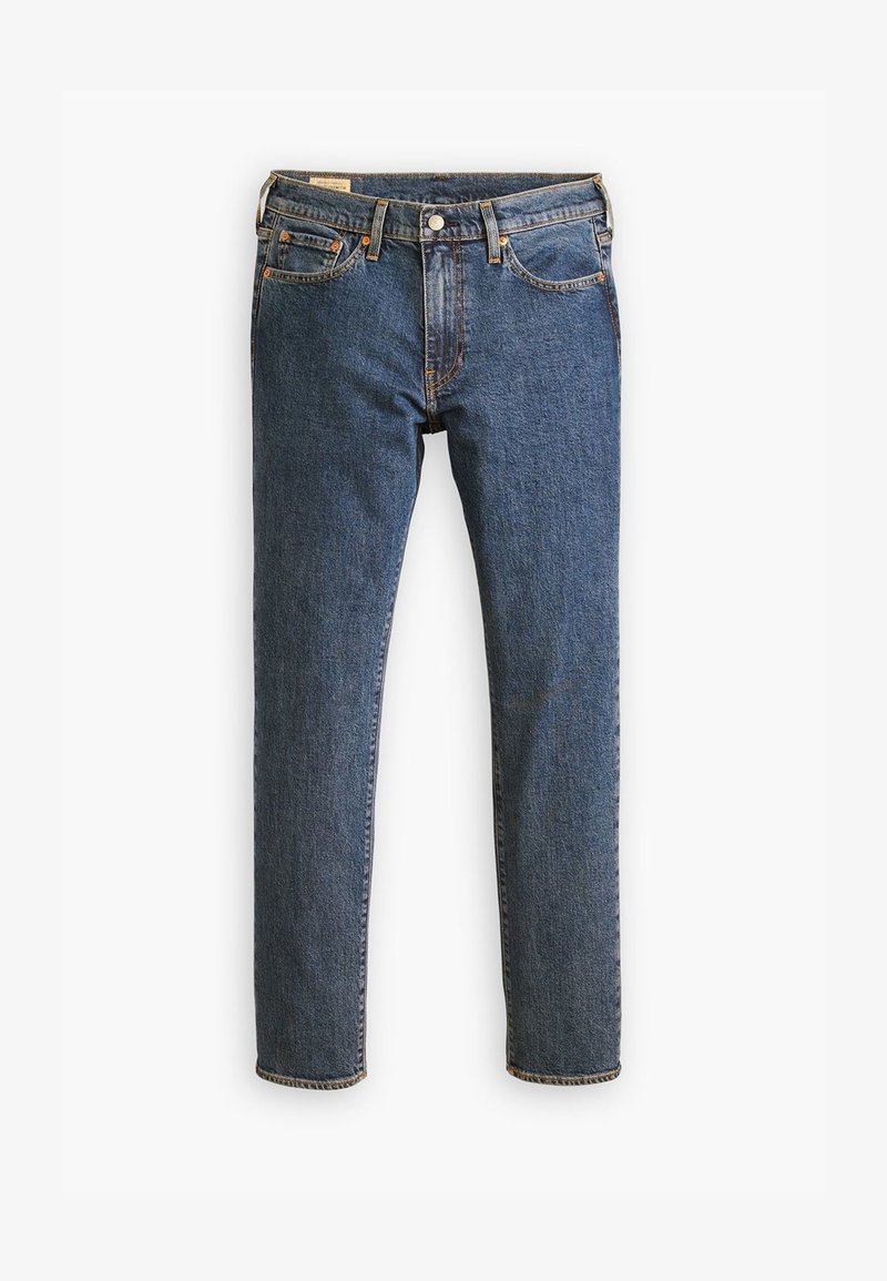 Dunkelblaue Denim-Jeans mit fünf Taschen, goldener Stickerei und geradem Schnitt. Mit einem Knopfverschluss und Gürtelschlaufen an der Taille.