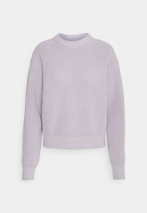 Suéter de punto color lila claro con mangas largas, puños y dobladillo acanalados, y escote redondo.