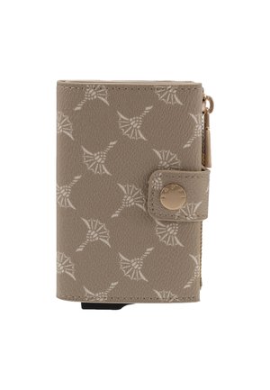 Portefeuille compact taupe avec motif floral blanc, fermeture à bouton-pression et poche latérale zippée.