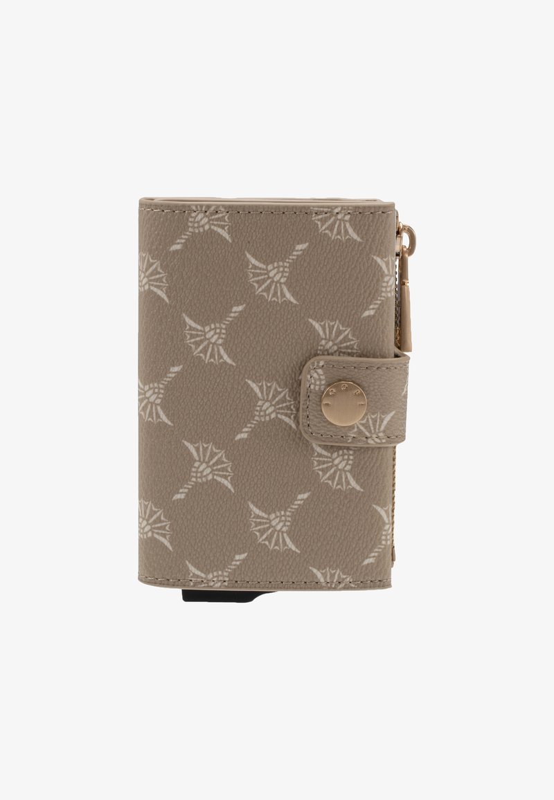 Portefeuille compact taupe avec motif floral blanc, fermeture à bouton-pression et poche latérale zippée.