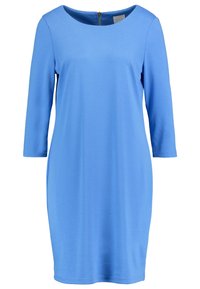 Blauwe, knie-lange jurk van zachte stof. Het heeft driekwart mouwen, een ronde halslijn en een zichtbare achterrits.