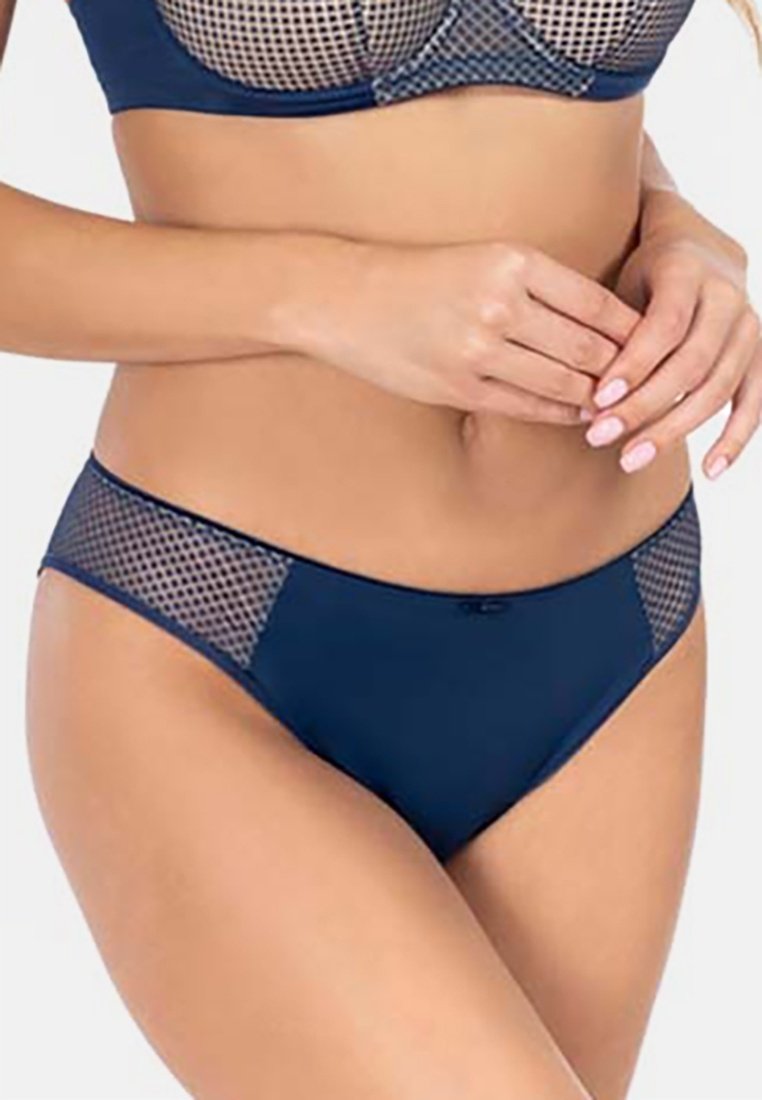 Dunkelblauer Bikiniunterteil mit Netzseiteneinsätzen. Glatte Textur, moderate Abdeckung und ein elegantes Design, das sowohl für Badebekleidung als auch für Dessous geeignet ist.