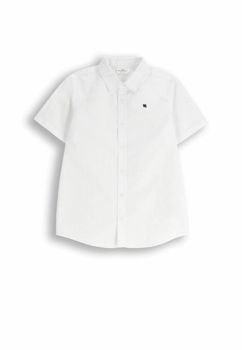 Biała, krótko rękawowa koszula button-up z tkaniny bawełnianej, z kołnierzykiem w kształcie ostrego oraz małym granatowym logo na lewej piersi.