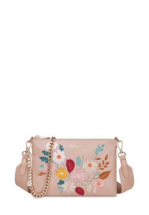 Light pink faux leather crossbody bag featuring floral embroidery in various colors, gold hardware, and a detachable chain strap.