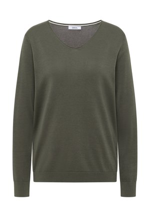 Pull en maille vert olive à manches longues avec col en V, poignets et ourlet côtelés, étiquette "Cecil" à l'intérieur du col.
