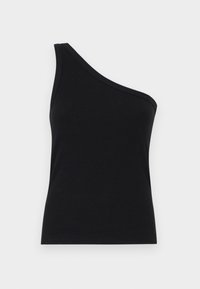 One-shoulder black ribbed tank top with a fitted design and soft texture. Features a clean, minimal cut and smooth neckline.