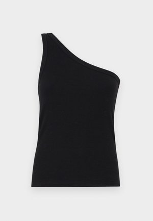 Débardeur noir à côtes à une épaule, avec un design ajusté et une texture douce. Présente une coupe épurée et minimale ainsi qu'un col lisse.