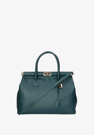 Bolso de cuero color teal con asas dobles, correa de hombro desmontable, herrajes dorados y cierre de broche. Acabado texturizado con un detalle mínimo.