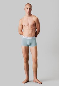 Boxeri scurți Calvin Klein de culoare bleu deschis, cu un brâu alb. Material neted, design ajustat și lungime scurtă a picioarelor. Model în picioare.