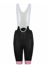 Salopette da ciclismo nera con bretelle in rete bianche, dotata di area imbottita per la seduta e dettagli rosa alle aperture delle gambe. Tessuto testurizzato.
