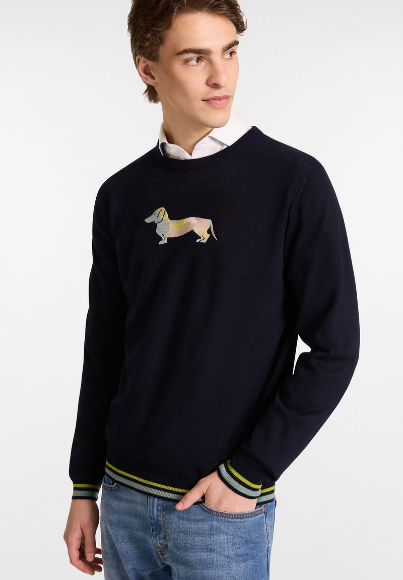 Marineblaues Sweater mit langen Ärmeln, gerippten Bündchen und Saum, der ein buntes Dackel-Graphic auf der Brust und kontrastierende grüne Streifen aufweist.