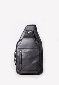 Black leather crossbody bag with a sleek design, featuring a front zip pocket, gold-tone hardware, and a textured finish.