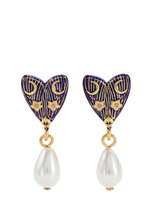 Pair of earrings with dark blue heart-shaped tops decorated with gold and small flowers, each featuring a white teardrop pearl dangle.