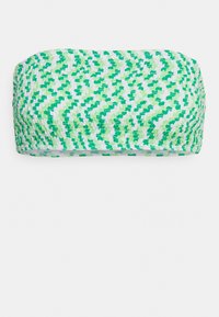 Top de biquíni bandeau verde e branco com textura franzida e padrão pixelado. Design simples, sem alças, adequado para vestuário de banho.