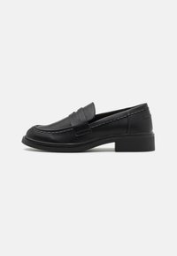 Black leather loafers with a rounded toe, stitched accents, and a low block heel. Smooth texture with a slip-on design.