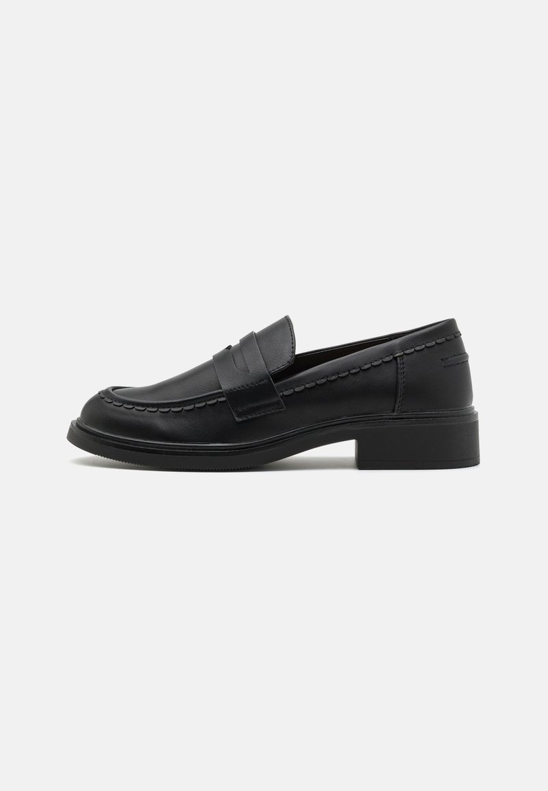 Black leather loafers with a rounded toe, stitched accents, and a low block heel. Smooth texture with a slip-on design.