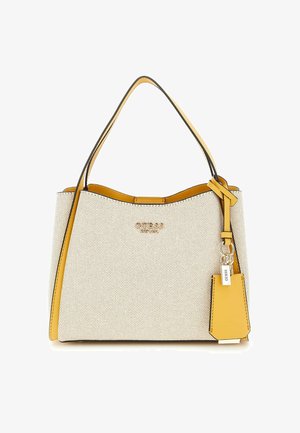 Tote-väska med en strukturerad form, beige texturerat tyg, gula läderdetaljer och en logotyp i guldton. Har en avtagbar tagg och dubbla handtag.