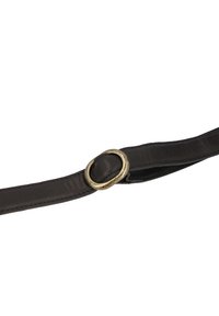 Schwarzer Ledergürtel mit einer glatten Textur, ausgestattet mit einer runden, strukturierten, goldfarbenen Metallschnalle. Einfaches Design, verstellbare Länge.