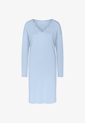 Hellblaues Nachthemd mit langen Ärmeln, einem V-Ausschnitt mit Spitzenbesatz und geradem Schnitt. Hergestellt aus einem weichen, atmungsaktiven Stoff.