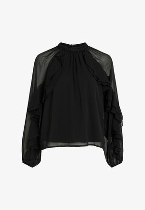 Blouse noire avec des détails à volants sur le devant et les manches. Présente un col montant et des accents en tissu transparent avec de longues manches bouffantes.