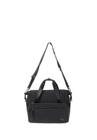 Sac à bandoulière rectangulaire noir avec sangle réglable, deux poignées courtes, poche zippée à l'avant et logos de la marque visibles à l'avant.