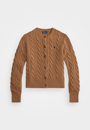 Brown cable-knit cardigan with a rounded neck, button closure, ribbed hem, and long sleeves. Features a small logo on the chest.