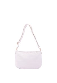 Borsa a tracolla in pelle bianca con una texture liscia, una forma curvilinea e una singola tracolla. Presenta dettagli in metallo dorato e una chiusura a zip.