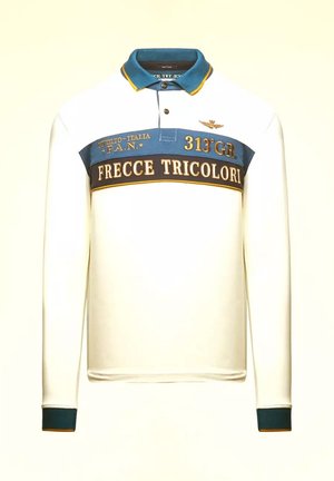 Polo a maniche lunghe bianca con colletto blu e banda al petto, caratterizzata da testo giallo "Frecce Tricolori" e ricami a tema aviazione.