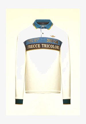 Polo a maniche lunghe bianca con colletto blu e banda al petto, caratterizzata da testo giallo "Frecce Tricolori" e ricami a tema aviazione.