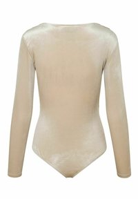 Långärmad bodysuit i mjuk, ljus beige sammet med en slät yta och rund nacke, med en design som har tanga-botten.
