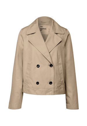 Giacca beige doppiopetto con bottoni neri, ampie rever e tasche laterali. Realizzata in tessuto liscio con una vestibilità strutturata.