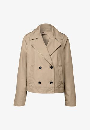 Beige Doppelreiher-Jacke mit schwarzen Knöpfen, großen Revers und seitlichen Taschen. Aus glattem Stoff mit strukturierter Passform.