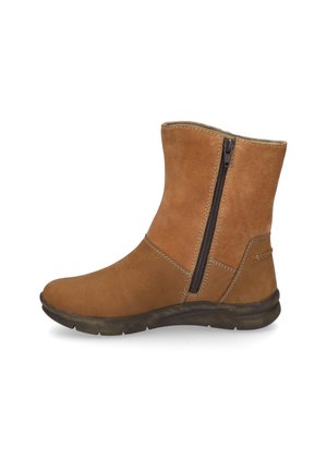 Tan suede ankle boot with side zipper, rounded toe, and textured sole. Stitching details and a slight heel for added support.