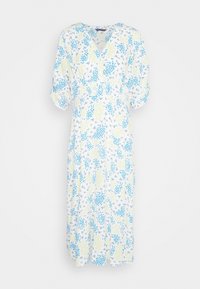 Robe midi blanche avec motifs floraux bleus et jaunes, col en V, et manches bouffantes longueur coude sur fond uni.