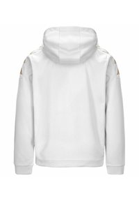 Felpa bianca con cappuccio e maniche lunghe, caratterizzata da una texture liscia e dettagli dorati sulle spalle. Design sul retro semplice.