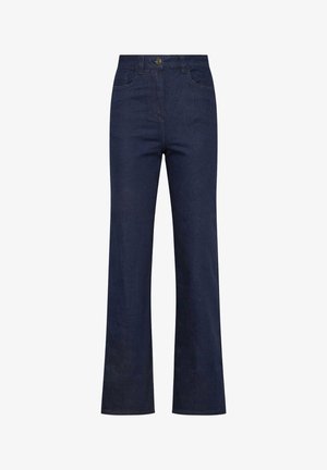 Jeans de mezclilla azul oscuro de tiro alto con cierre de botón y cremallera, piernas rectas y bolsillos delanteros, mostrados sobre un fondo blanco.