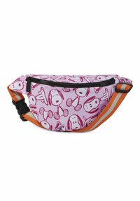 Marsupio viola con facce di cani cartoni rossi, zip nera e cinturino arancione regolabile con striscia riflettente e fibbia nera.