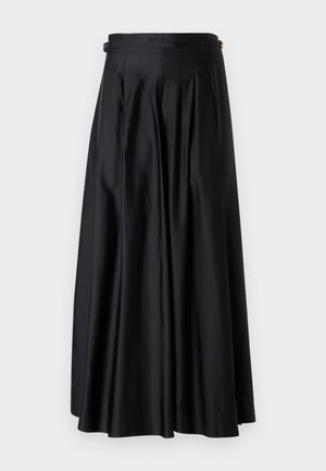 Schwarzer, bodenlanger Rock aus glattem, satinartigem Stoff. Verfügt über Falten, einen taillierten Bund und einen subtilen Glanz ohne sichtbare Muster.