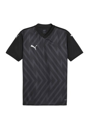 Zwarte sporttrui met een V-hals, voorzien van een geometrisch patroon in donkerder tinten zwart. Logo op de borst en mouwen. Gemaakt van vochtafvoerend materiaal.