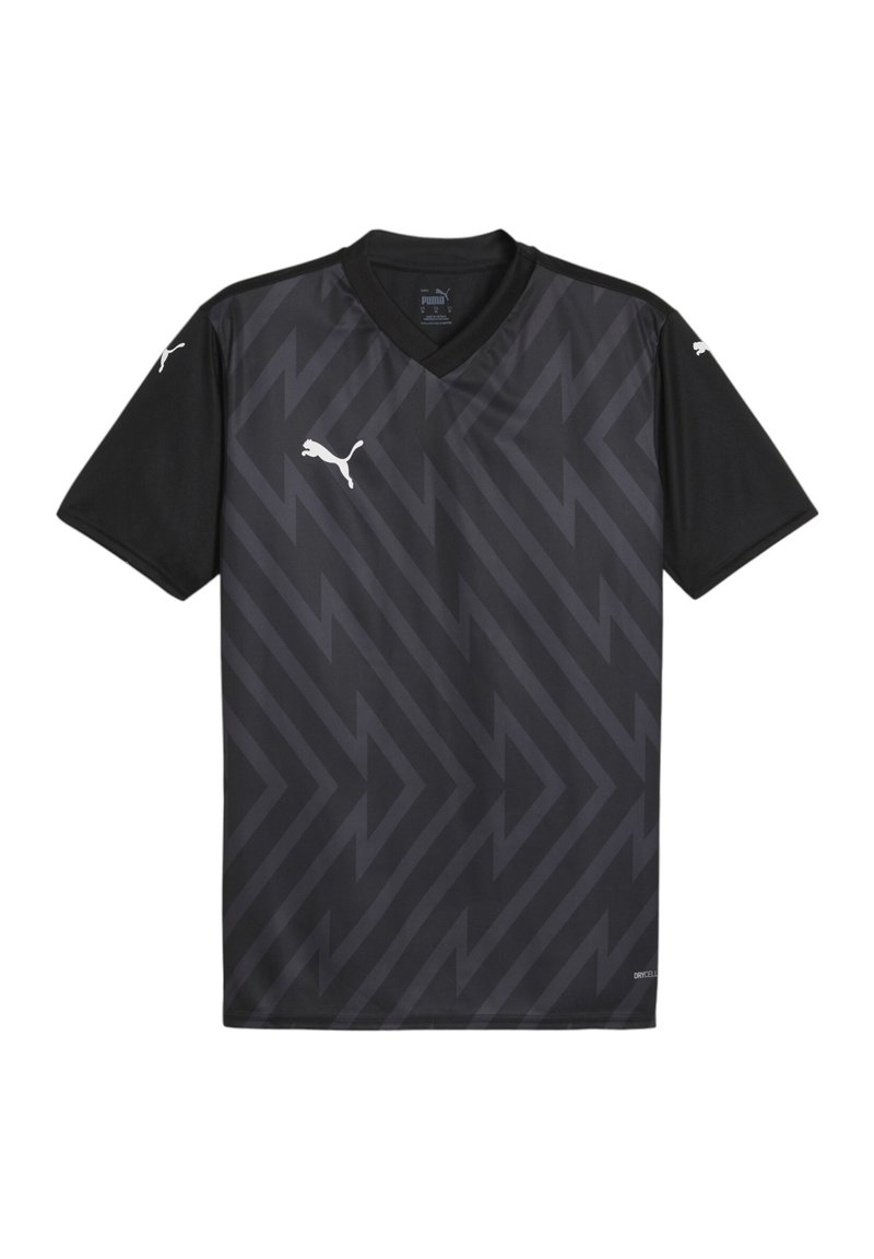 Maglia sportiva nera con scollo a V, caratterizzata da un motivo geometrico in tonalità più scure di nero. Logo sul petto e sulle maniche. Realizzata in tessuto traspirante.