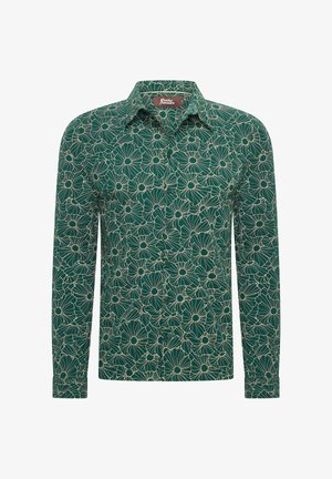 Camisa de manga larga verde con patrón floral en crema y verde oscuro. Presenta un collar clásico y un cierre de botones con un corte relajado.