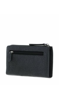 Portefeuille en cuir noir texturé avec deux compartiments zippés noirs, l'un à l'avant et l'autre sur le dessus, présenté sur fond blanc.