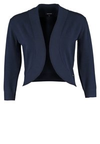 Granatowy krótki kardigan wykonany z miękkiego materiału dzianinowego, z otwartym przodem, długimi rękawami i subtelnymi detalami szwów.