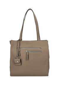 Borsa a tracolla in pelle beige con doppie maniglie, tasca frontale con zip, finitura testurizzata e una piccola pochette staccabile con chiusura a scatto.