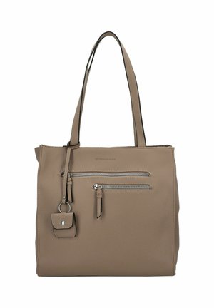 Beige Leder-Tote Bag mit doppelten Griffen, vorderer Reißverschlusstasche, strukturiertem Finish und einer kleinen abnehmbaren Tasche mit Druckknopfverschluss.