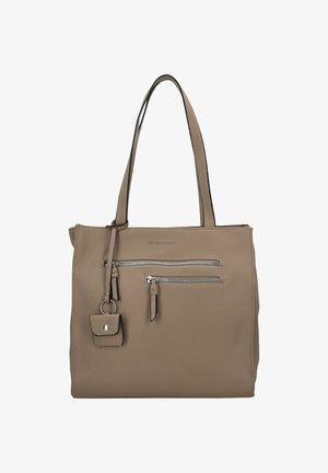 Borsa a tracolla in pelle beige con doppie maniglie, tasca frontale con zip, finitura testurizzata e una piccola pochette staccabile con chiusura a scatto.