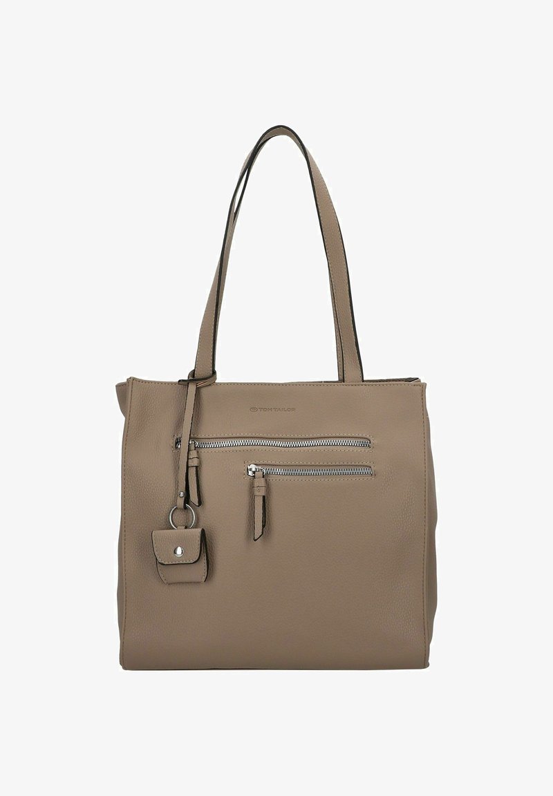 Geantă tote din piele bej, cu două mânere, buzunar frontal cu fermoar, finisaj texturat și un mic pouch detașabil cu închidere prin capac.