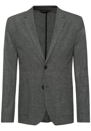 Pánské sako šedé kárované se dvěma předními knoflíky, klopovým límcem s výstřihem a dvěma předními kapsami.
