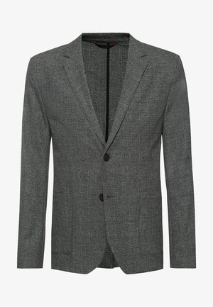 Blazer pour homme à carreaux gris avec deux boutons frontaux, col à revers cranté et deux poches avant.