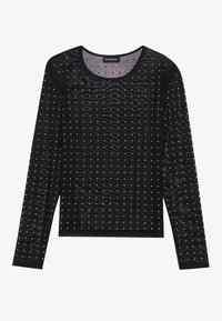 Svart langermet topp laget av et gjennomsiktig, teksturert stoff med et bølgete mønster, pyntet med små, reflekterende nagler.
